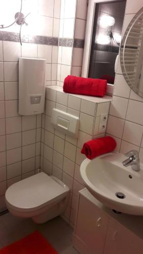 a white bathroom with a toilet and a sink at Ferienhaus Ainsen in Bad Füssing