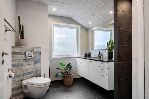 a bathroom with a toilet and a sink and two windows at LF127-Vestervig-Gunhildsvej-27 in Vestervig