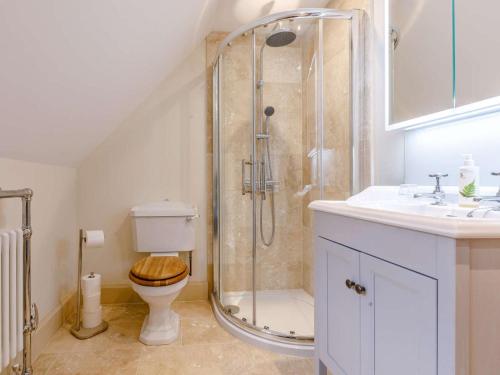 a bathroom with a shower and a toilet and a sink at 1 Bed in Frome oc-83834 in Holwell