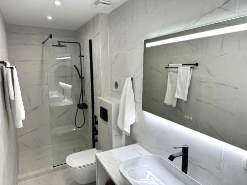 a bathroom with a shower and a toilet and a sink at Central Suites Aegina 3 in Egina