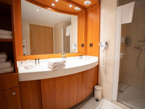 a bathroom with a sink and a mirror and a shower at Hotel Cigoland in Kintzheim