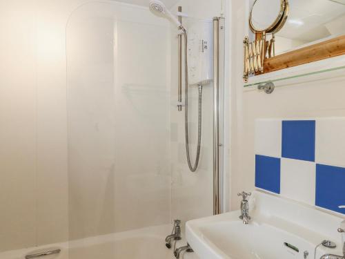 a white bathroom with a shower and a sink at Yew Tree Cottage in Dartmouth