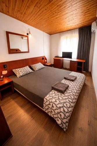 a bedroom with a large bed and a desk at Family House FreeДом in Sinemorets