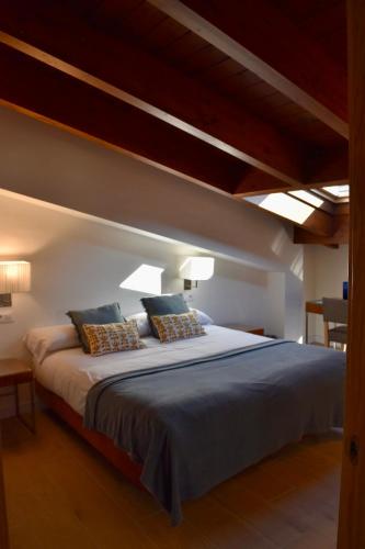 a bedroom with a large bed in a room at Casa albañil, aptos en la Ribagorza, arte, ciclismo, naturaleza y enoturismo, entre Graus y Torreciudad in La Puebla de Castro