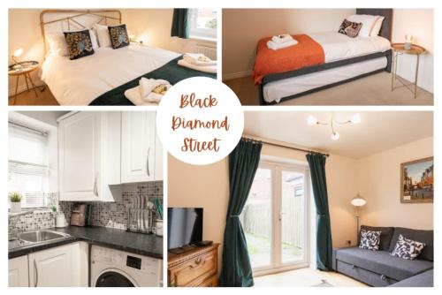 a collage of pictures of a bedroom with a bed and a kitchen at Stylish Chester Stay Free Parking Private Garden in Chester