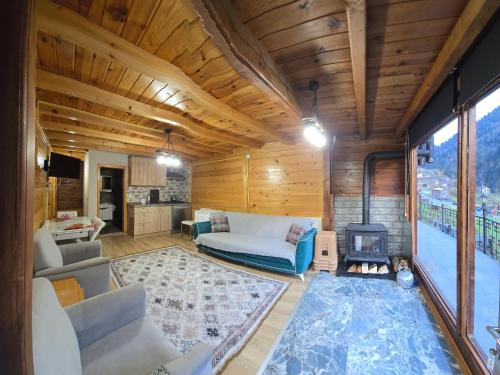 a living room with a couch and a fireplace at Ayder Villa Bravo in Çamlıhemşin