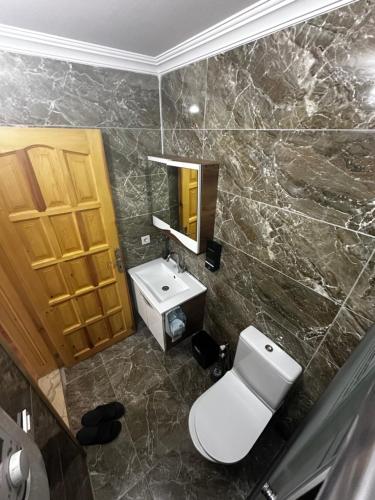 a bathroom with a toilet and a sink and a mirror at Ayder Villa Bravo in Çamlıhemşin
