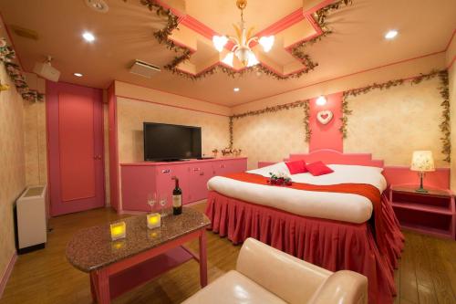 a hotel room with a large bed and a tv at Hotel Gallery (Adult Only) in Kobe