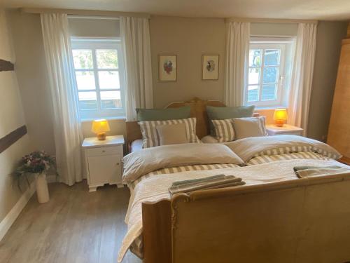 a bedroom with two beds and two windows at Ferienwohnung Schultheiß in Remptendorf