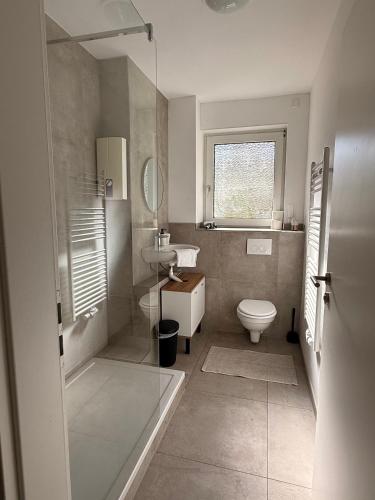a bathroom with a toilet and a sink at Ferienwohnung Marktplatz in Oppenheim