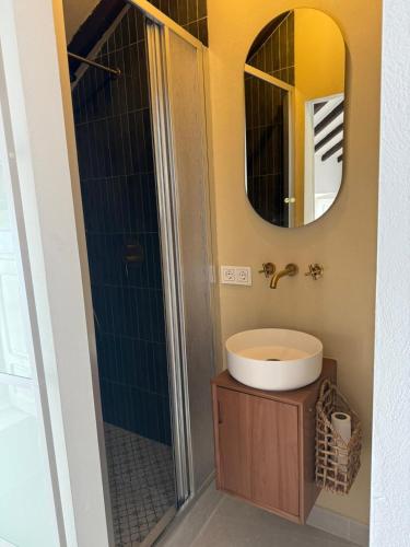 a bathroom with a sink and a shower with a mirror at Casa Cookie in Ojén