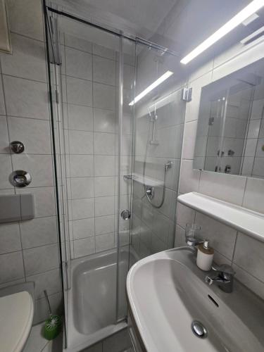 a bathroom with a shower and a sink and a toilet at Landhaus Eibelesee in Oberstaufen
