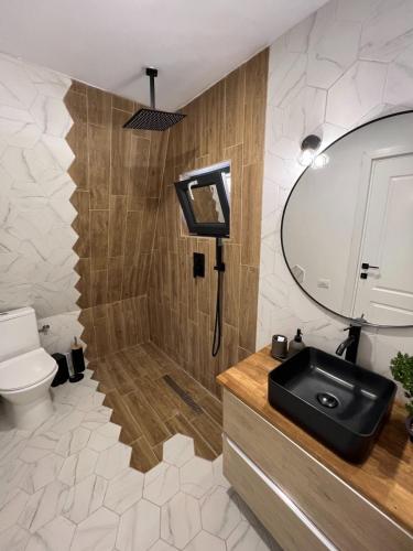 a bathroom with a toilet and a sink and a mirror at Skyframe Cabin in Pucheni