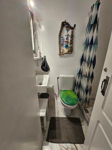 a bathroom with a green toilet and a sink at Petra Pelikan in Mikonos