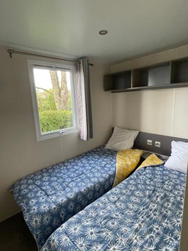 two beds in a small room with a window at Le Pont Rouge & Les Vignes in Chipilly