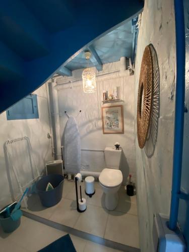 a small bathroom with a toilet and a sink at Au Cœur de Charroux in Charroux