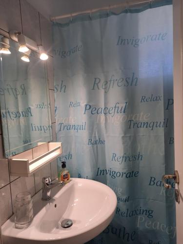 a bathroom with a sink and a shower curtain at Naxos olive & home in Engares