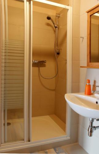 a bathroom with a shower and a sink at Apartmány Amaris in Strachotín