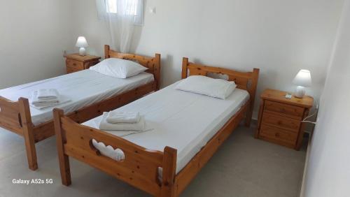two beds in a bedroom with two night stands and two lamps at Blue Infinity in Káto Ássos