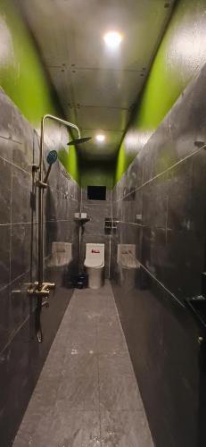 a bathroom with a toilet and green paint on the walls at Cozy Bunk Sa Pa in Sapa