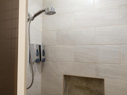 a shower in a bathroom with a fireplace at Hotel Casa Patrón Parras in Parras de la Fuente