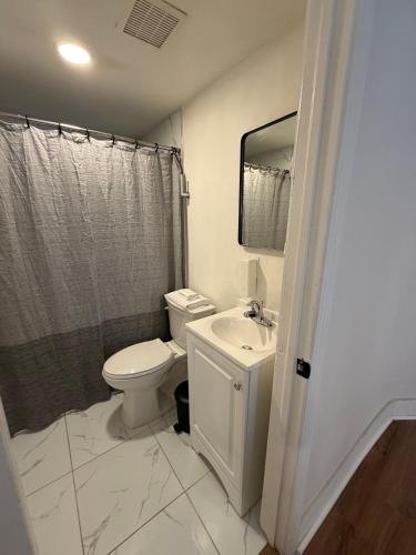 a bathroom with a toilet and a sink and a shower at Suite Safari in Tampa