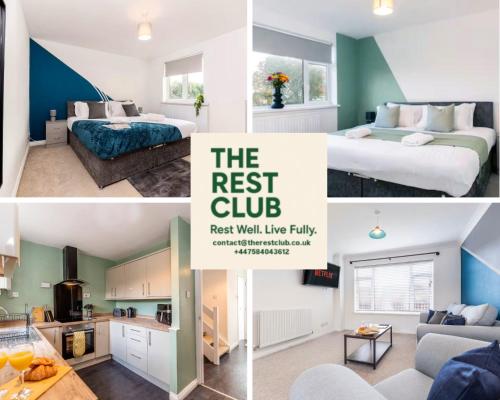 a collage of three pictures of a bedroom and a living room at Modern 3BR Durham Stay for Work Trips in Brandon