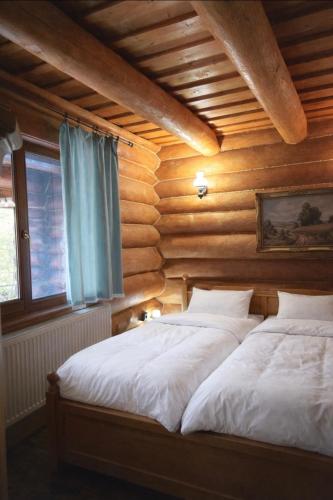 two beds in a room with wooden walls and a window at Blueberry Blockhouse in Hărniceşti