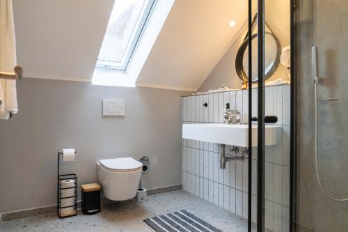 a bathroom with a toilet and a sink at Boutique Apartment 74 in Krefeld