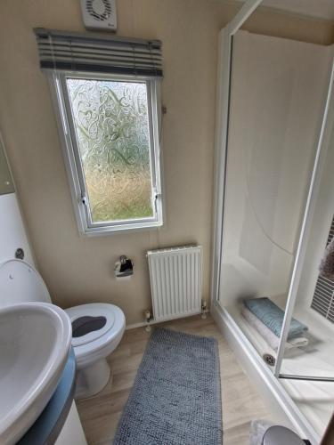 a bathroom with a toilet and a sink and a window at Beautiful 2 bedroom caravan, holiday park Tenby in Pembrokeshire