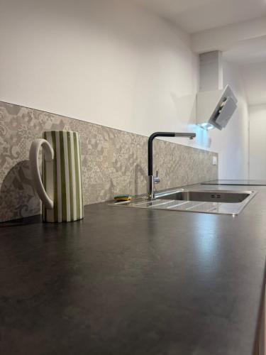 a kitchen with a sink and a coffee mug on a counter at Bastille in Tournon-sur-Rhône