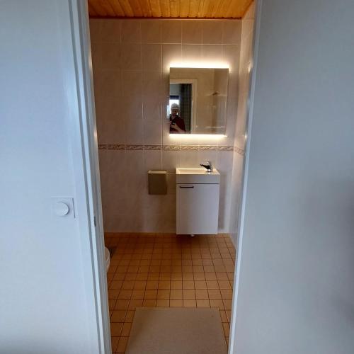 a bathroom with a sink and a mirror at Hotel Sommarvind in Inkoo