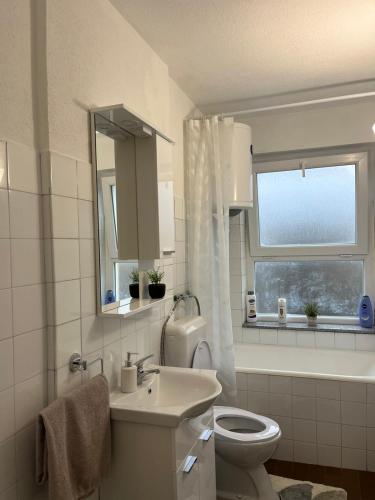 a bathroom with a toilet and a sink and a window at Apartman Spaja in Trebinje