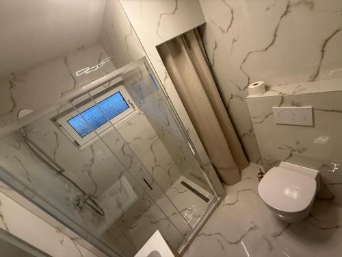 a bathroom with a glass shower and a toilet at Samaria Apartments in Šamorín