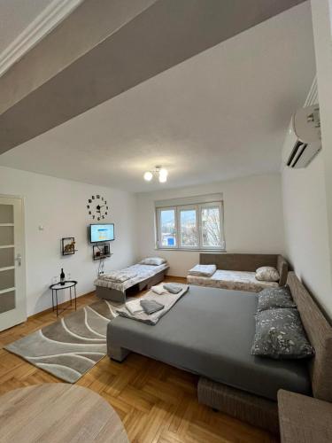 a bedroom with a large bed and a tv at Apartman Spaja in Trebinje