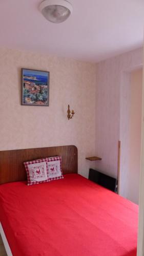 アメリー・レ・バン・パラルダにあるPied A Terreの赤いベッド1台(赤い毛布付)が備わるベッドルーム1室が備わります。