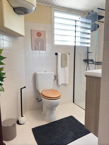 a bathroom with a toilet and a glass shower at Le Secret de Grippon in Morne-à-lʼEau