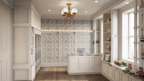 a dressing room with white cabinets and a chandelier at Homestead Midway Utah in Midway