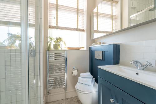 a bathroom with a toilet and a sink and a window at Blu's Seaview Apartment in Rhos-on-Sea