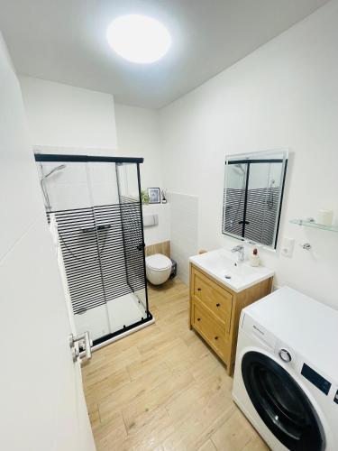 a bathroom with a washing machine and a sink at Ferienwohnung auf der Spreeinsel in Spremberg