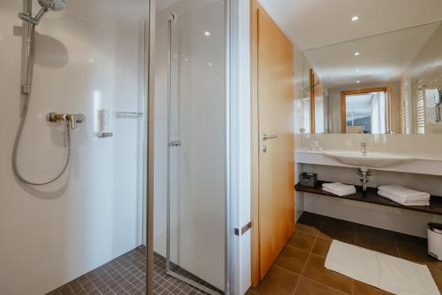 a bathroom with a shower and a sink at Weingut Kollerhof am Eichberg in Leutschach