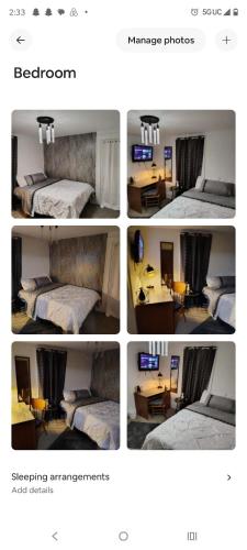 a collage of photos of a bedroom with a bed and a desk at Nash Place in Akron