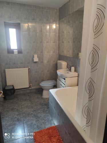 ein Badezimmer mit Badewanne, Toilette und Waschbecken in der Unterkunft Forest Vila in Buşteni