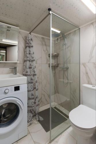 a bathroom with a washing machine and a toilet at Апарат готель під ЗОЛОТИМ КОРАБЛЕМ двохрівнева студія in Chernivtsi