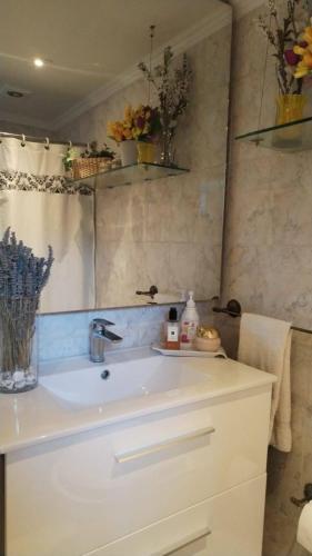 a bathroom with a white sink and a mirror at Casa Refugio Relajante in Pirque