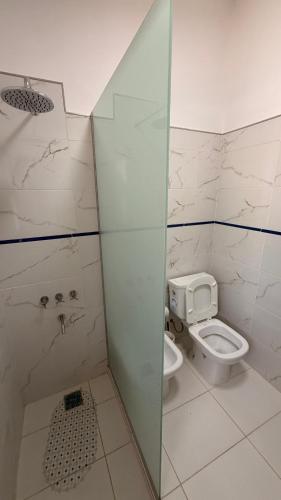 a bathroom with a toilet and a glass shower stall at Complejo Sol y Sombra in San Javier