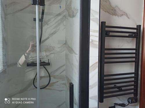 a shower with a glass door with a hose at Villa Caamaño in Gijón