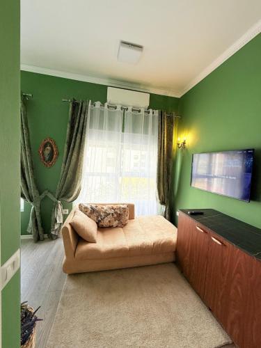 a living room with green walls and a couch at 13 Daily apartments in Tirana