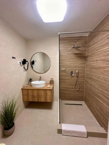 a bathroom with a sink and a shower with a mirror at Casa Sima 2 in Curtea de Argeş