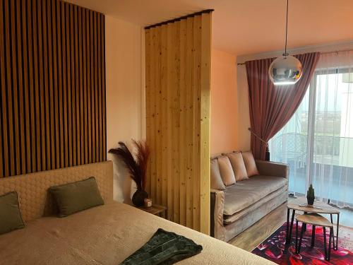 a bedroom with a bed and a couch and a window at Focsani Studio Residence 3 in Focşani